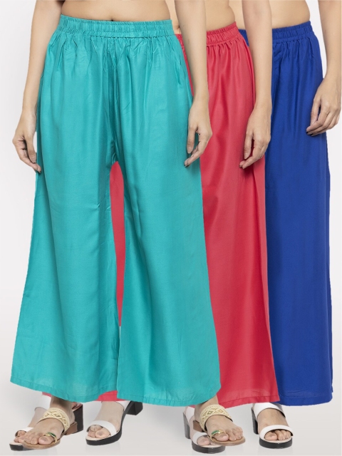 

NEUDIS Women Pack Of 3 Solid Wide Leg Palazzo, Turquoise blue