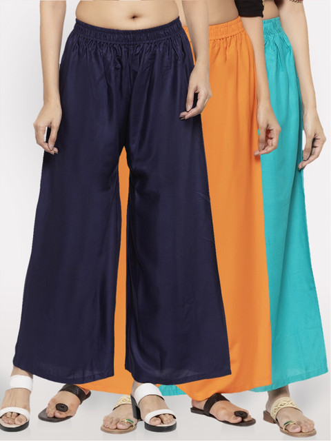 

NEUDIS Women Pack Of 3 Solid Wide Leg Palazzo, Navy blue