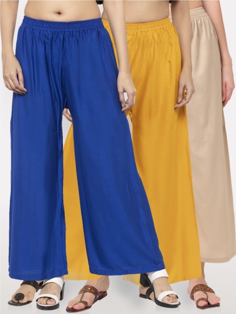 

NEUDIS Women Pack Of 3 Solid Wide Leg Palazzo, Blue