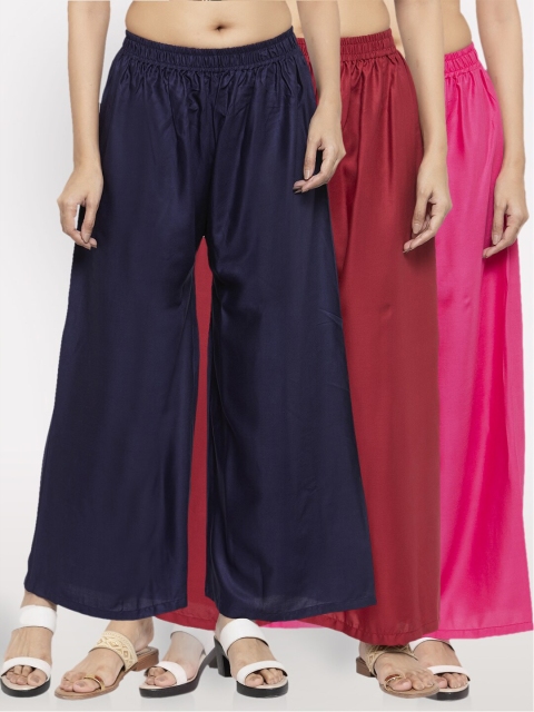 

NEUDIS Women Pack Of 3 Solid Wide Leg Palazzo, Navy blue