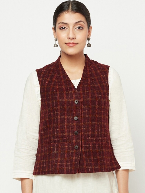 

Fabindia Women Maroon Woolen Checked Woven Design Nehru Jacket