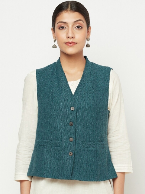 

Fabindia Women Teal Green Geometric Tailored Jacket