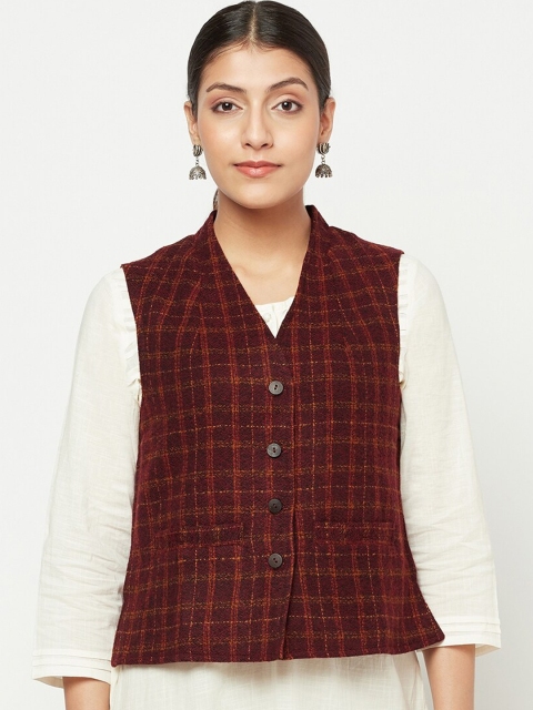 

Fabindia Women Maroon Checked Woolen Tailored Jacket