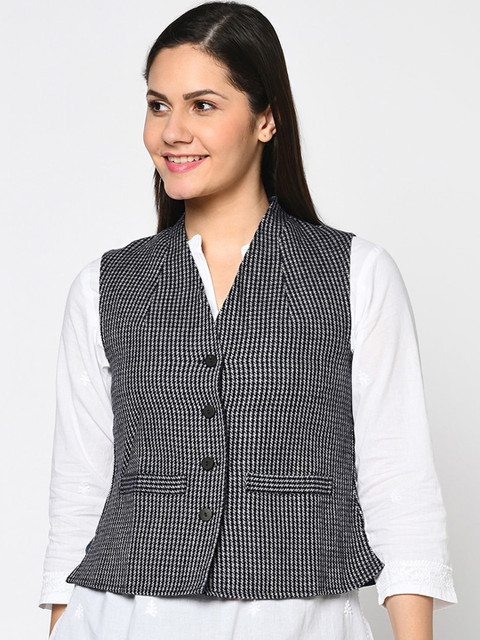 

Fabindia Women Blue Checked Wool Tweed Tailored Jacket