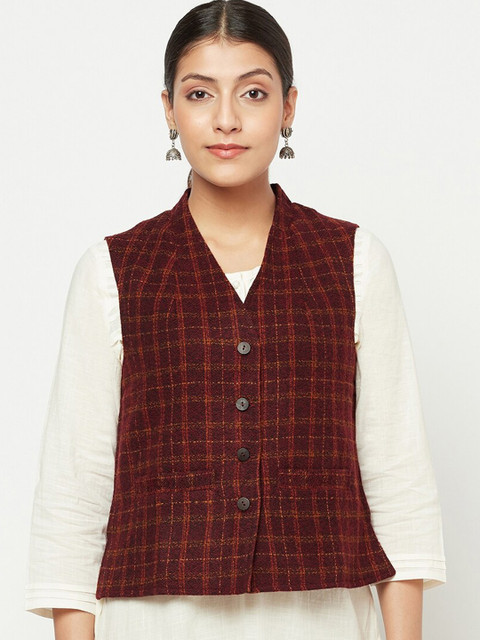 

Fabindia Women Maroon Checked Wool Tweed Tailored Jacket