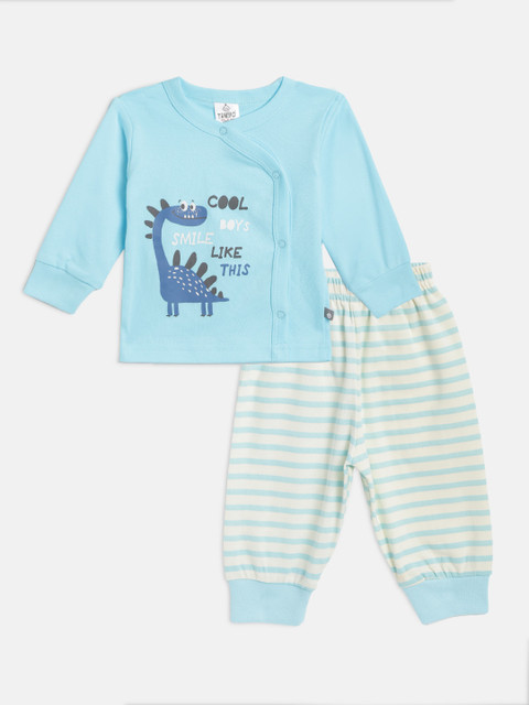 

TINYO Infant Blue & Off White Dinosaur Printed Cotton Jhabla with Joggers