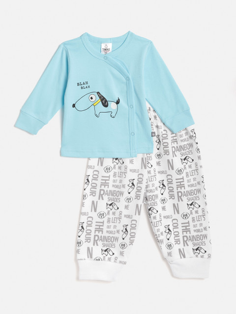 

TINYO Infant Blue & White Conversational Printed Cotton Jhabla with Joggers
