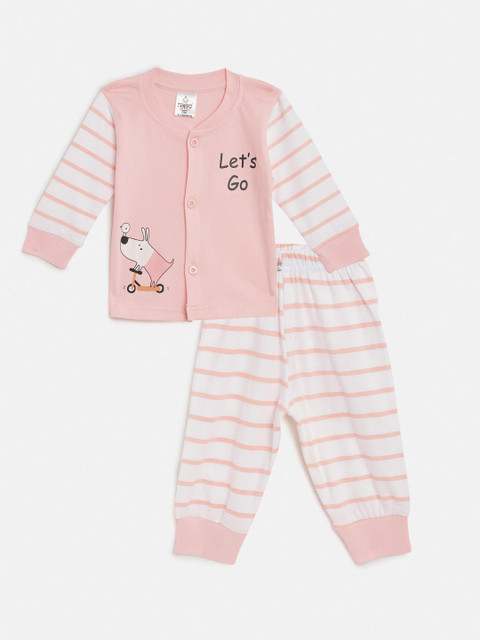

TINYO Infant Boys Peach-Coloured & White Solid Cotton T-shirt & Striped Joggers