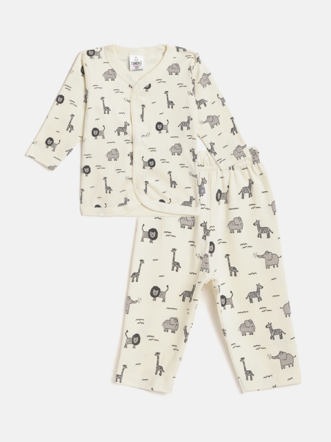 

TINYO Infant Cream-Coloured & Grey Conversational Printed Cotton Jhabla with Pyjamas