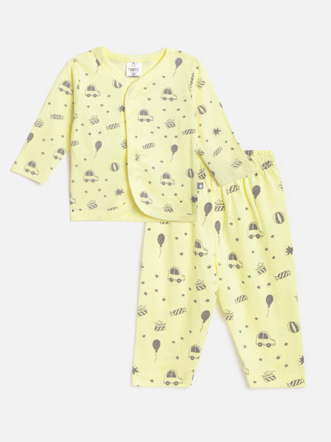 

TINYO Infant Yellow & Charcoal Grey Conversational Print Cotton Jhabla with Pyjamas