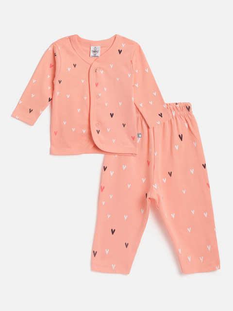 

TINYO Infant Peach-Coloured & White Star Printed Cotton Jhabla with Pyjamas
