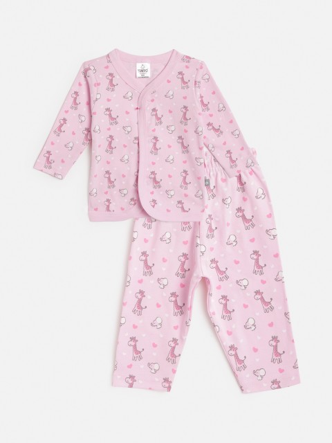 

TINYO Infant Pink & White Conversational Printed Cotton Jhabla with Pyjamas