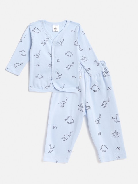 

TINYO Infant Blue & Black Dinosaur Print Cotton Jhabla with Pyjamas