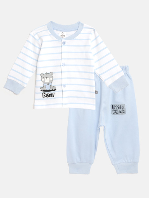 

TINYO Infant Boys White & Blue Striped Cotton T-shirt with Solid Joggers