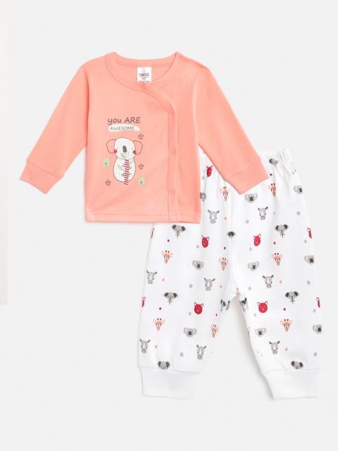 

TINYO Unisex Kids Peach-Coloured & White Printed Night suit