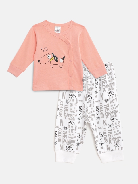 

TINYO Unisex Kids Peach-Coloured & White Printed Night suit