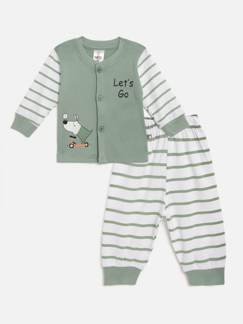 

TINYO Infant Boys Olive Green & White Solid Cotton T-shirt & Joggers