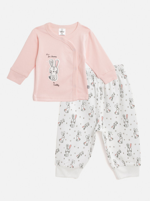 

TINYO Unisex Kids Peach-Coloured & White Printed Night suit
