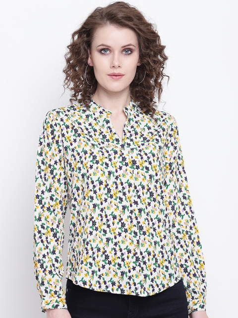 

Mayra Off White & Blue Floral Mandarin Collar Shirt Style Top