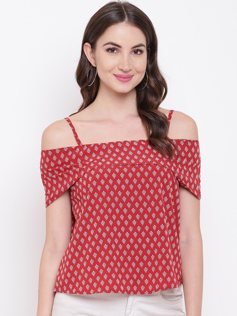 

Mayra Red & Off White Geometric Bardot Top