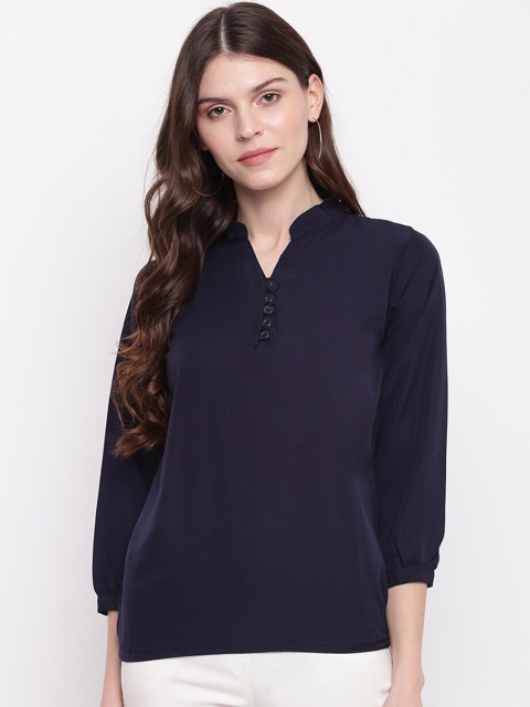 

Mayra Navy Blue Mandarin Collar Shirt Style Top