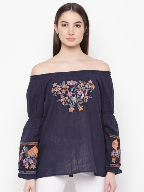 

Mayra Navy Blue Floral Off-Shoulder Bardot Top