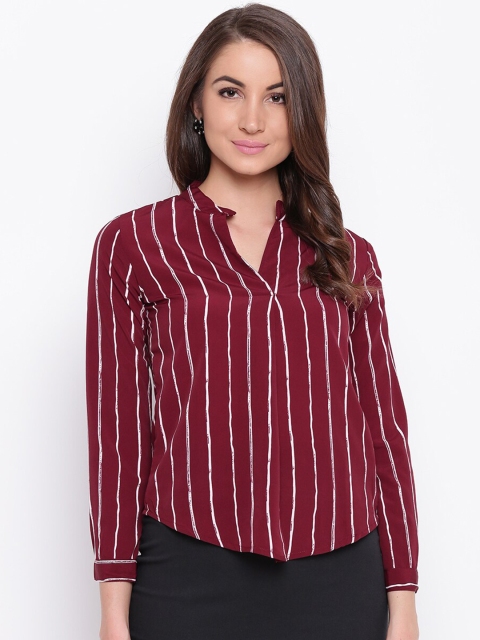 

Mayra Maroon Striped Mandarin Collar Shirt Style Top