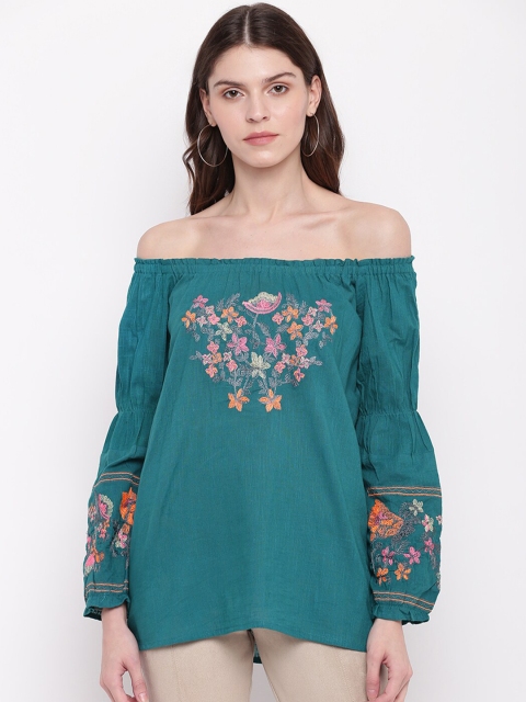 

Mayra Green Floral Embroidered Off-Shoulder Longline Bardot Top