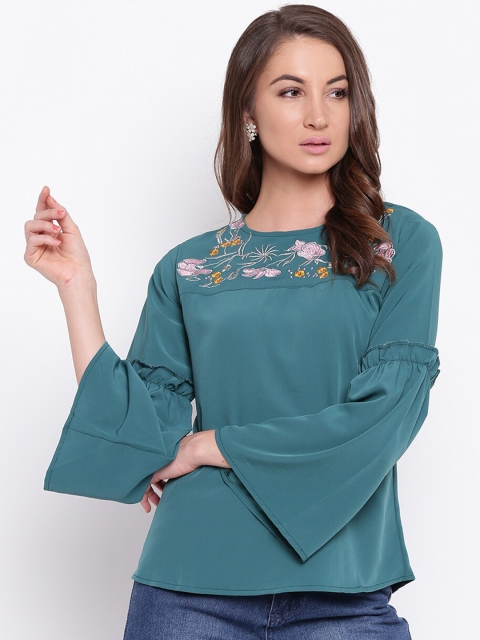 

Mayra Turquoise Blue Floral Embroidered Regular Top