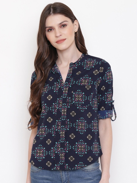 

Mayra Blue Mandarin Collar Roll-Up Sleeves Shirt Style Top