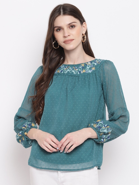 

Mayra Teal Floral Embroidered Regular Top