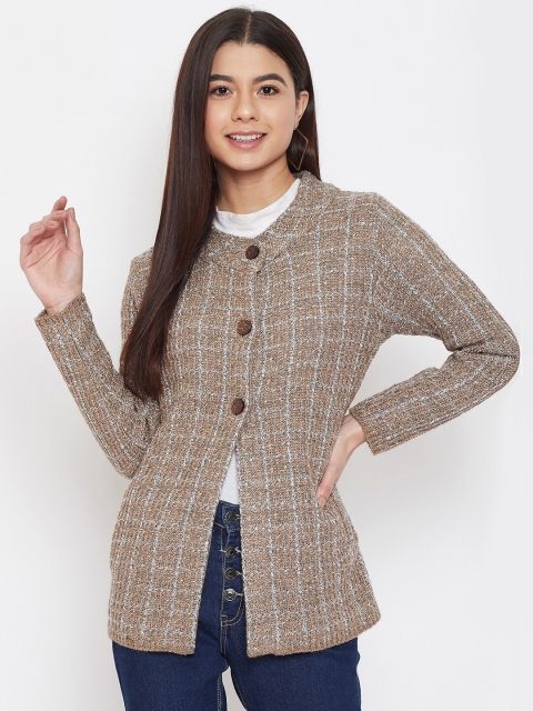 

Zigo Women Brown & Grey Checked Front-Open Sweater
