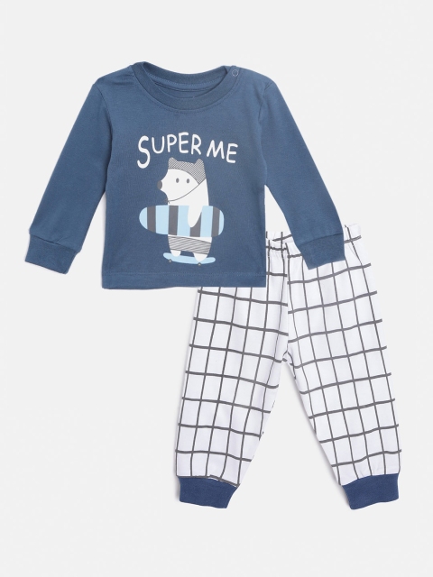 

TINYO Infant Boys Blue & White Cotton Typography Print T-shirt with Pyjamas