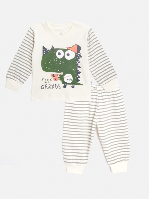 

TINYO Infant Boys Off-White & Grey Cotton Conversational Print T-shirt with Pyjamas