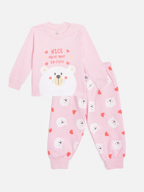 

TINYO Infant Pink & Red Conversational Print Cotton T-shirt with Joggers