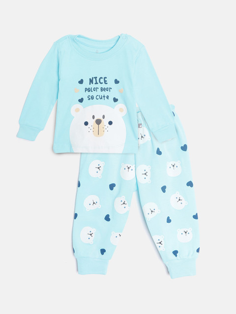 

TINYO Infant Girls Blue & White Printed Pure Cotton T-shirt with Joggers