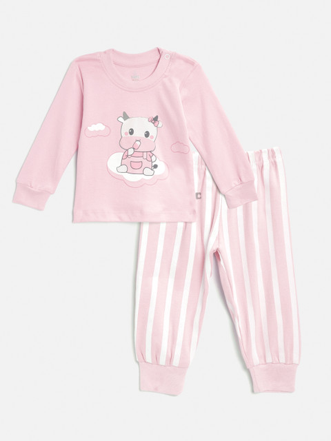 

TINYO Infant Girls Pink & White Pure Cotton Printed T-shirt with Striped Joggers