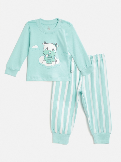

TINYO Infant Girls Sea Green & White Pure Cotton Printed T-shirt with Striped Joggers