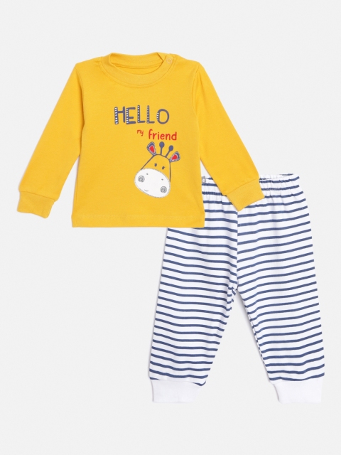 

TINYO Infant Boys Yellow & White Pure Cotton Printed T-shirt with Pyjamas