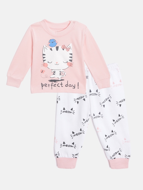 

TINYO Infant Girls Pink & White Printed Cotton T-shirt with Joggers