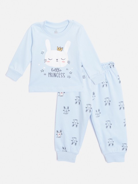 

TINYO Infant Girls Blue & Black Printed Pure Cotton T-shirt with Joggers