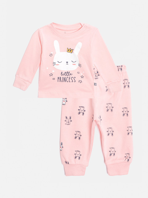 

TINYO Infant Girls Pink & Black Printed Pure Cotton T-shirt with Joggers