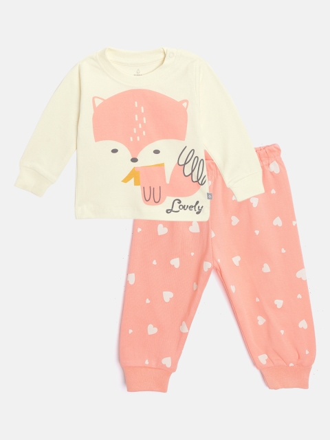 

TINYO Infant Cream-Coloured & Peach-Coloured Graphic Printed Cotton T-shirt with Joggers