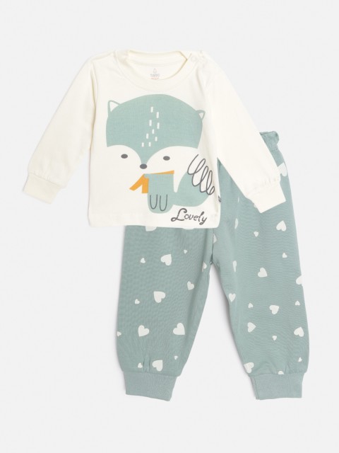 

TINYO Infant Cream-Coloured & Green Graphic Printed Cotton T-shirt with Joggers