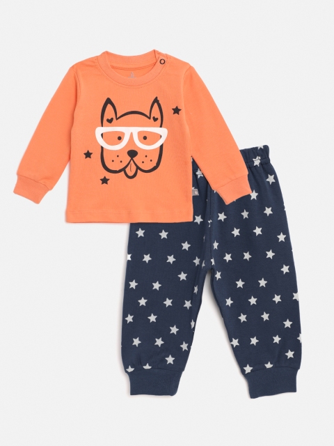 

TINYO Kids Orange & Navy Blue Printed Cotton T-shirt with Joggers