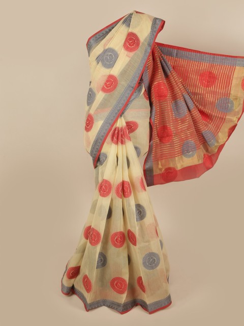 

Pothys Cream-coloured & Red Pure Cotton Ethnic Motifs Woven Designed Saree