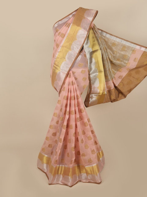 

Pothys Peach-Coloured & Gold-Tone Pure Cotton Ethnic Motifs Woven Designed Saree