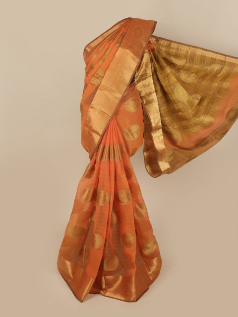 

Pothys Orange & Gold-Tone Pure Cotton Ethnic Motifs Woven Designed Saree