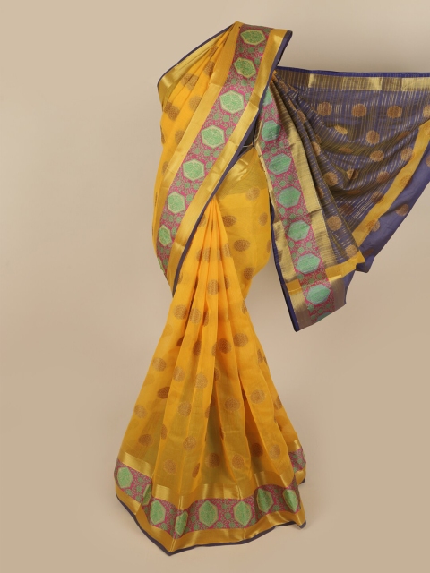 

Pothys Yellow & Blue Pure Cotton Ethnic Motifs Woven Designed Saree