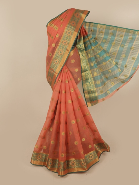 

Pothys Peach-Coloured & Green Pure Cotton Ethnic Motifs Woven Designed Saree